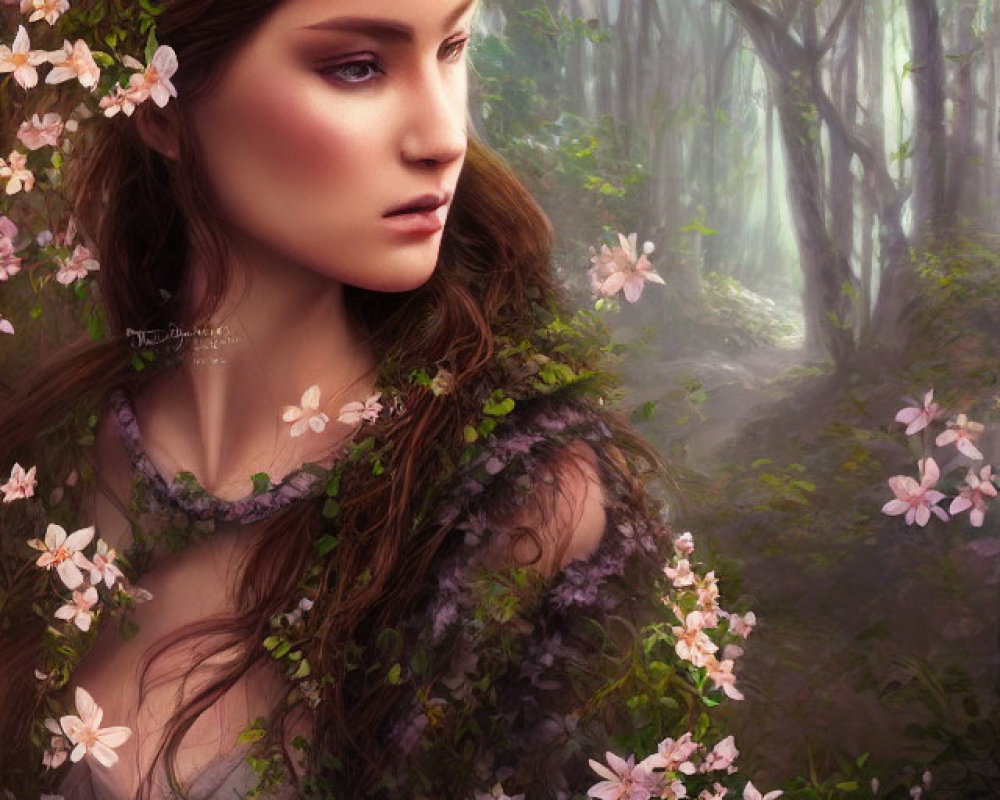 Woman with flowers in hair blending into forest background