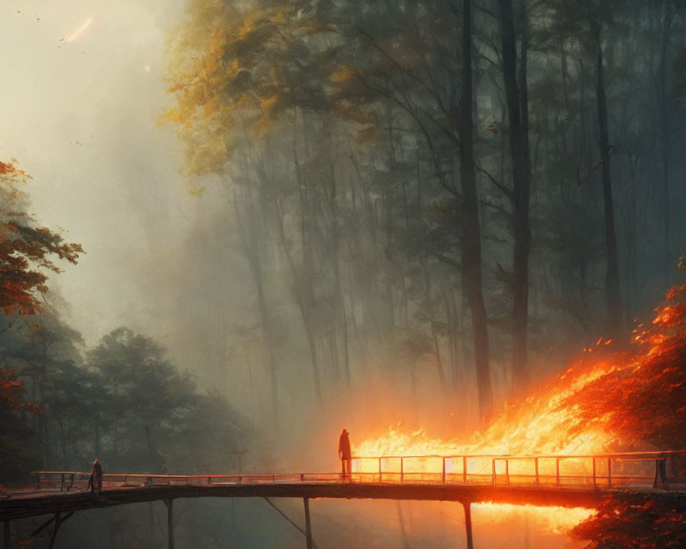 Misty forest scene with wooden bridge and two figures in warm light