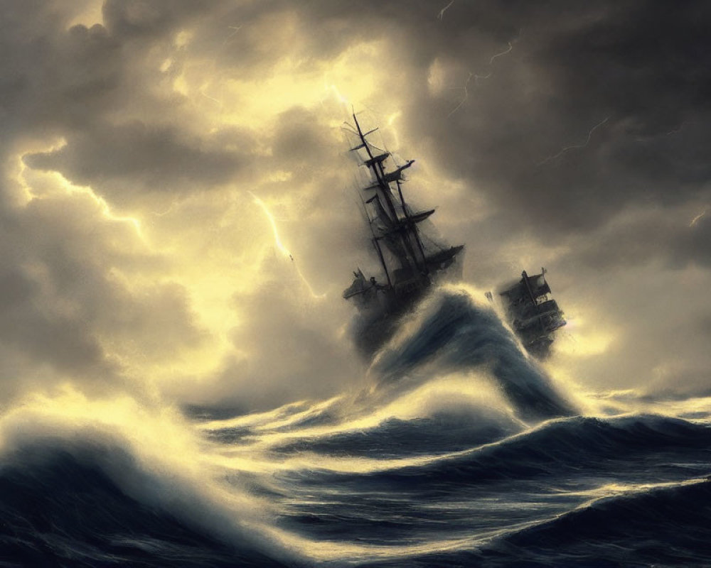 Stormy Sea Scene: Ships Battling Towering Waves and Lightning