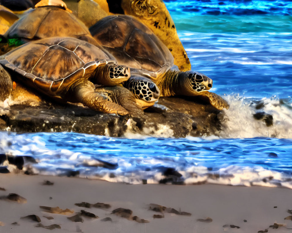 Sea turtles on rocky shore with blue ocean waves