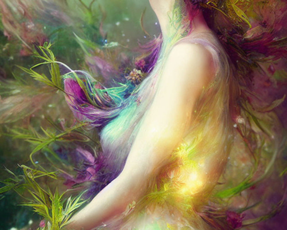 Person with Floral Crown and Multicolored Hair in Dreamy Portrait