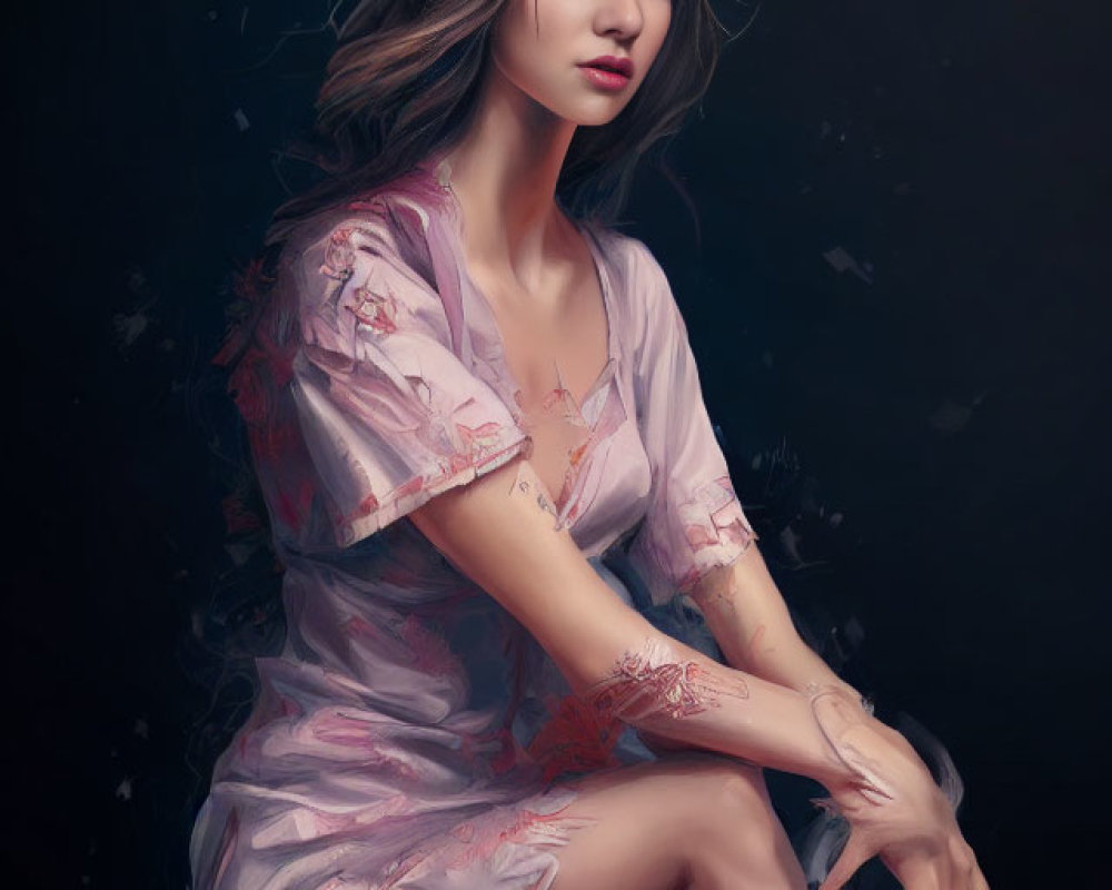 Digital portrait of woman in flowy dress with long hair in soft, ethereal setting.