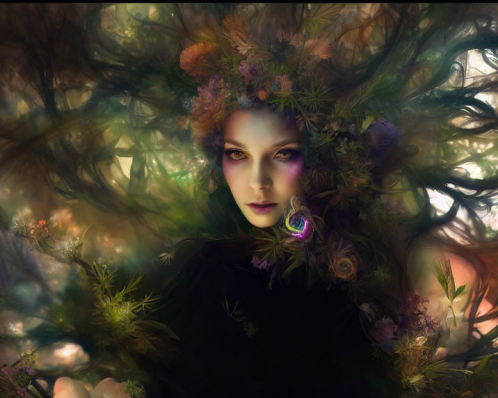 Mystical female figure with striking eyes and floral wreath in ethereal forest setting