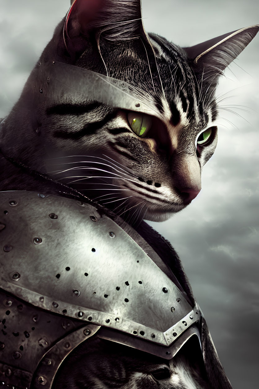 Serious Cat in Knight Armor Against Cloudy Sky