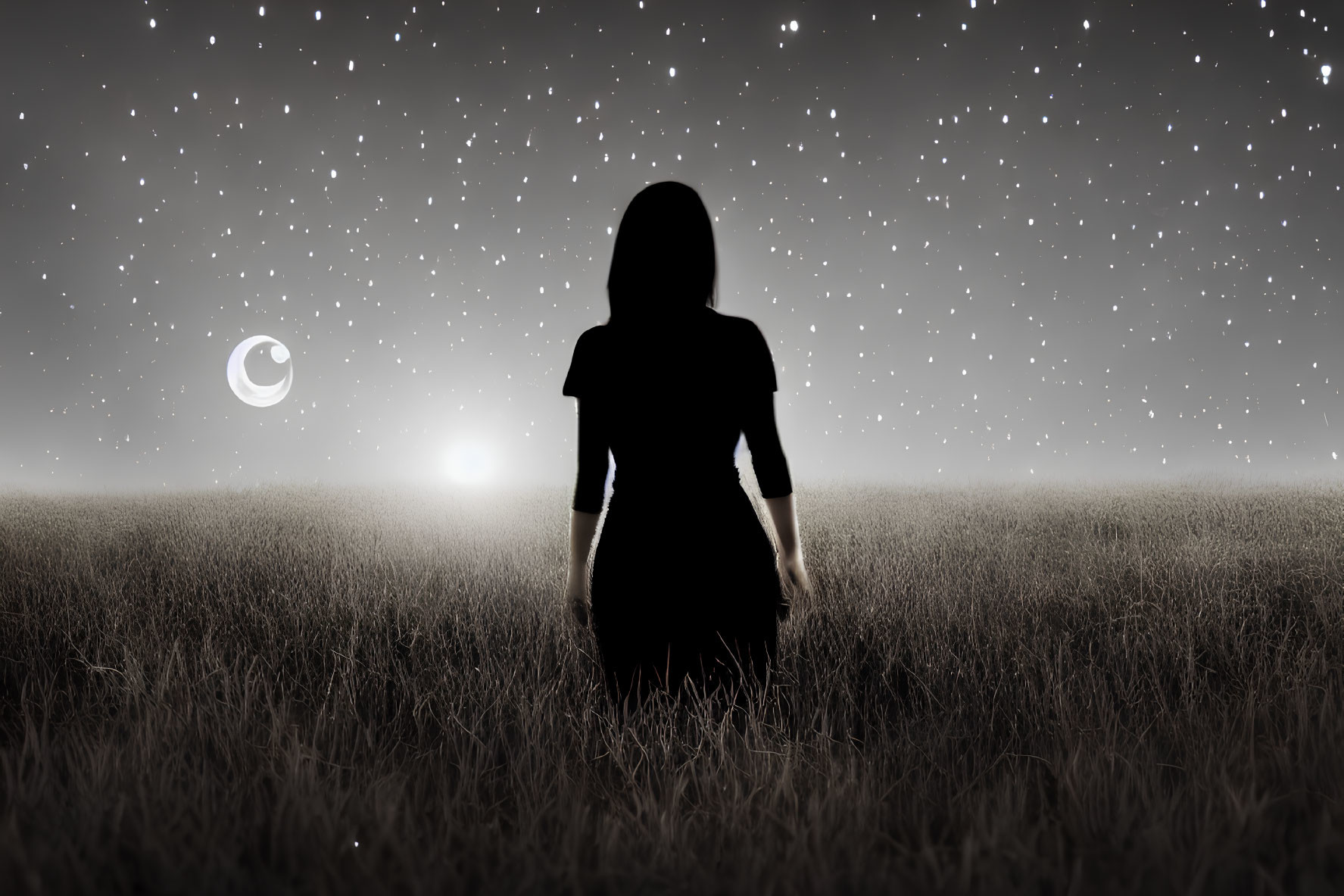 Silhouette of woman in field under starry night sky with crescent moon