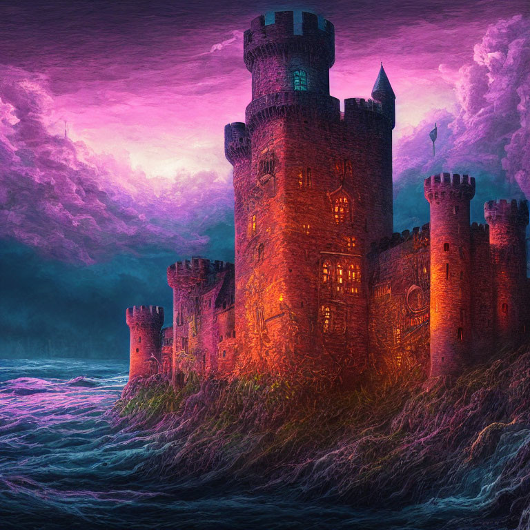 Medieval castle on rocky seaside under pink and purple sky