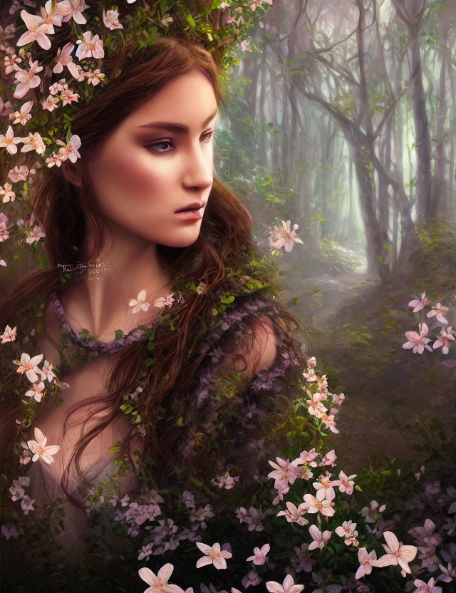 Woman with flowers in hair blending into forest background