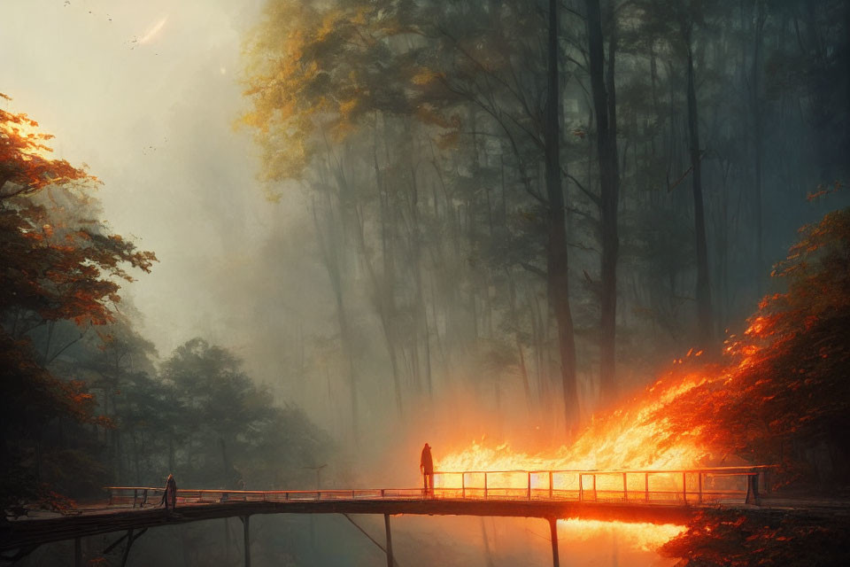 Misty forest scene with wooden bridge and two figures in warm light