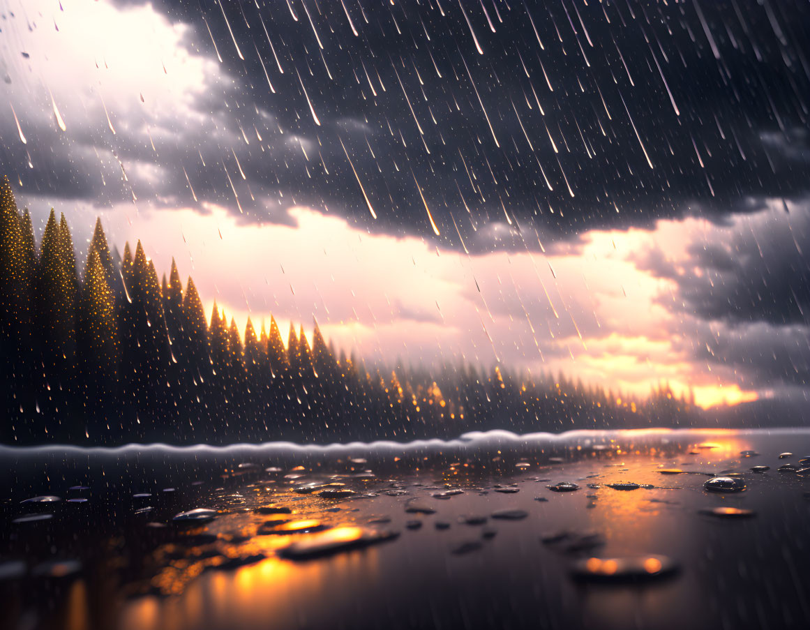 Serene lake in rain with glistening droplets and dense trees