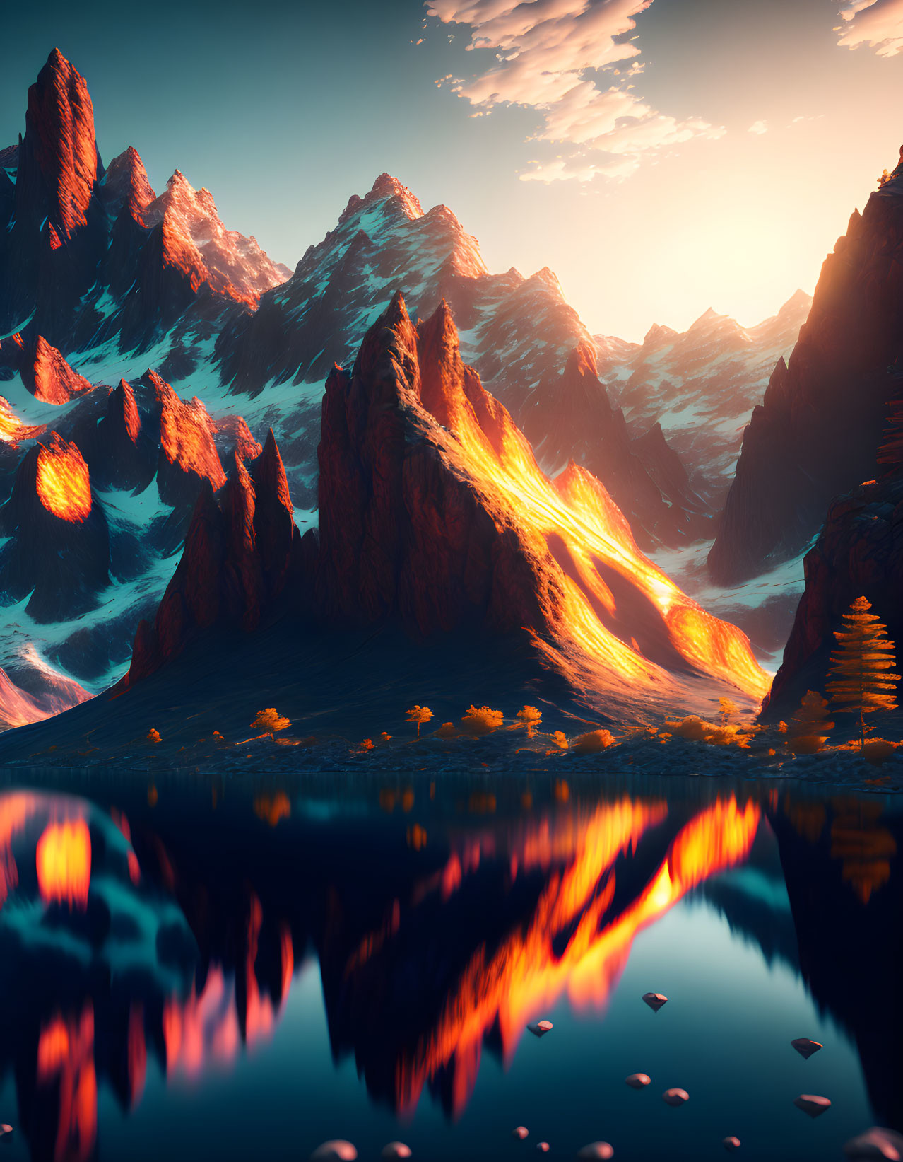 Tranquil Sunset Mountain Landscape with Reflecting Peaks in Lake