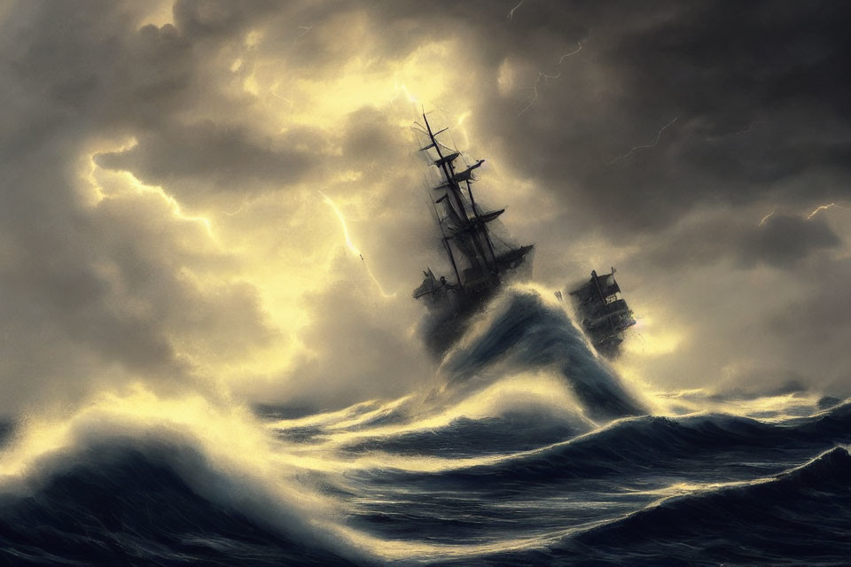 Stormy Sea Scene: Ships Battling Towering Waves and Lightning