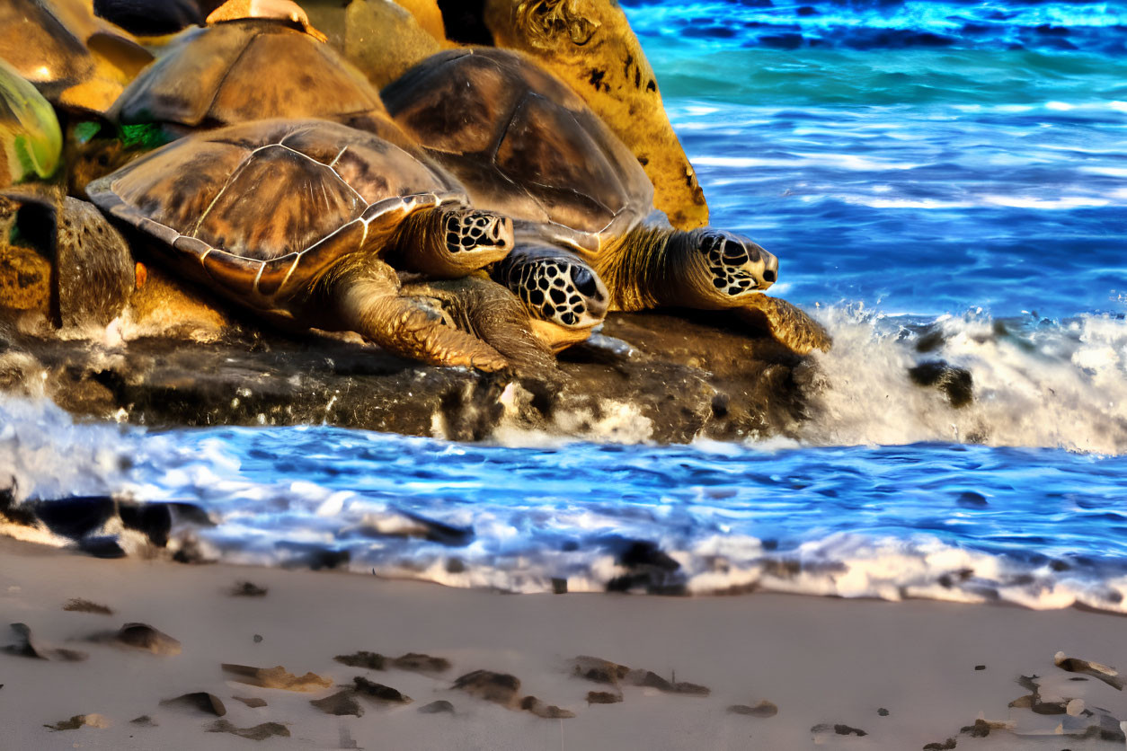 Sea turtles on rocky shore with blue ocean waves