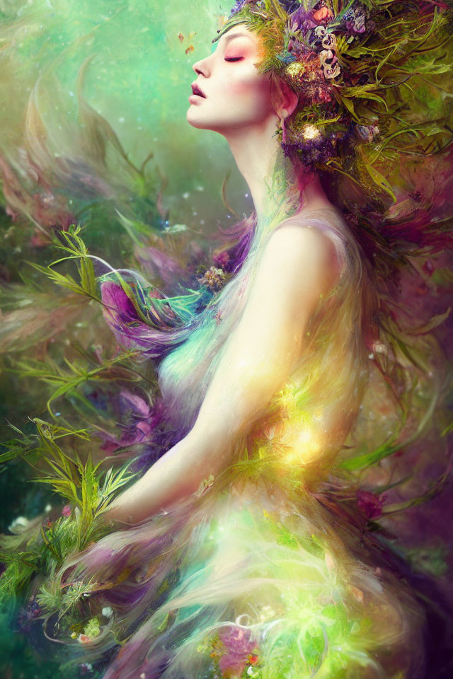 Person with Floral Crown and Multicolored Hair in Dreamy Portrait