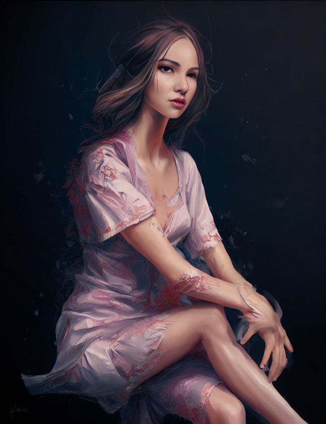 Digital portrait of woman in flowy dress with long hair in soft, ethereal setting.