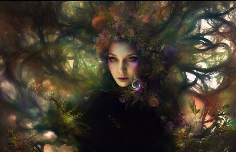 Mystical female figure with striking eyes and floral wreath in ethereal forest setting