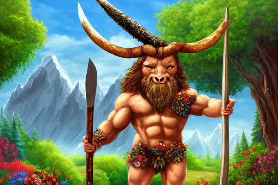 Muscular bull-headed fantasy creature with spear in mountain landscape