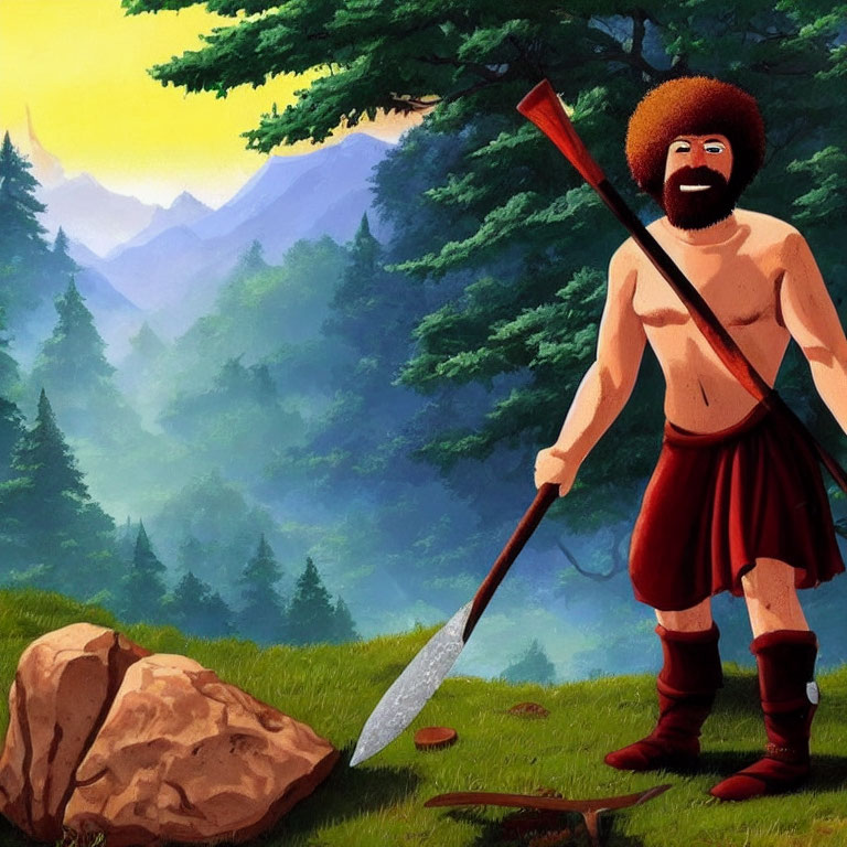 Bearded man with sword in red clothing in mountain forest at sunset