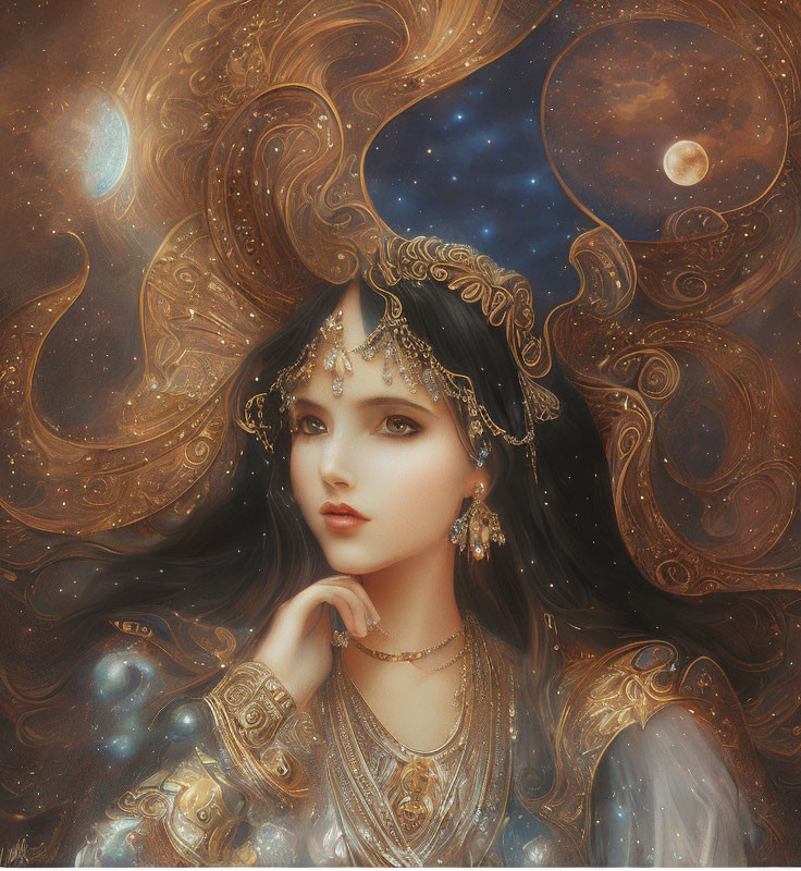 Illustration of woman with dark hair in cosmic setting