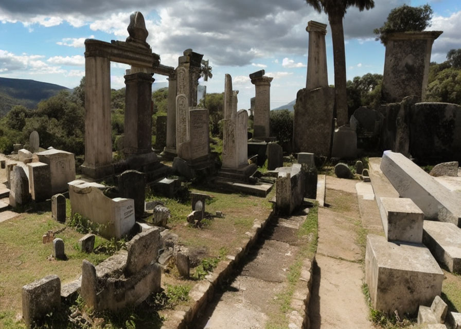 Weathered gravestones in old cemetery under cloudy sky