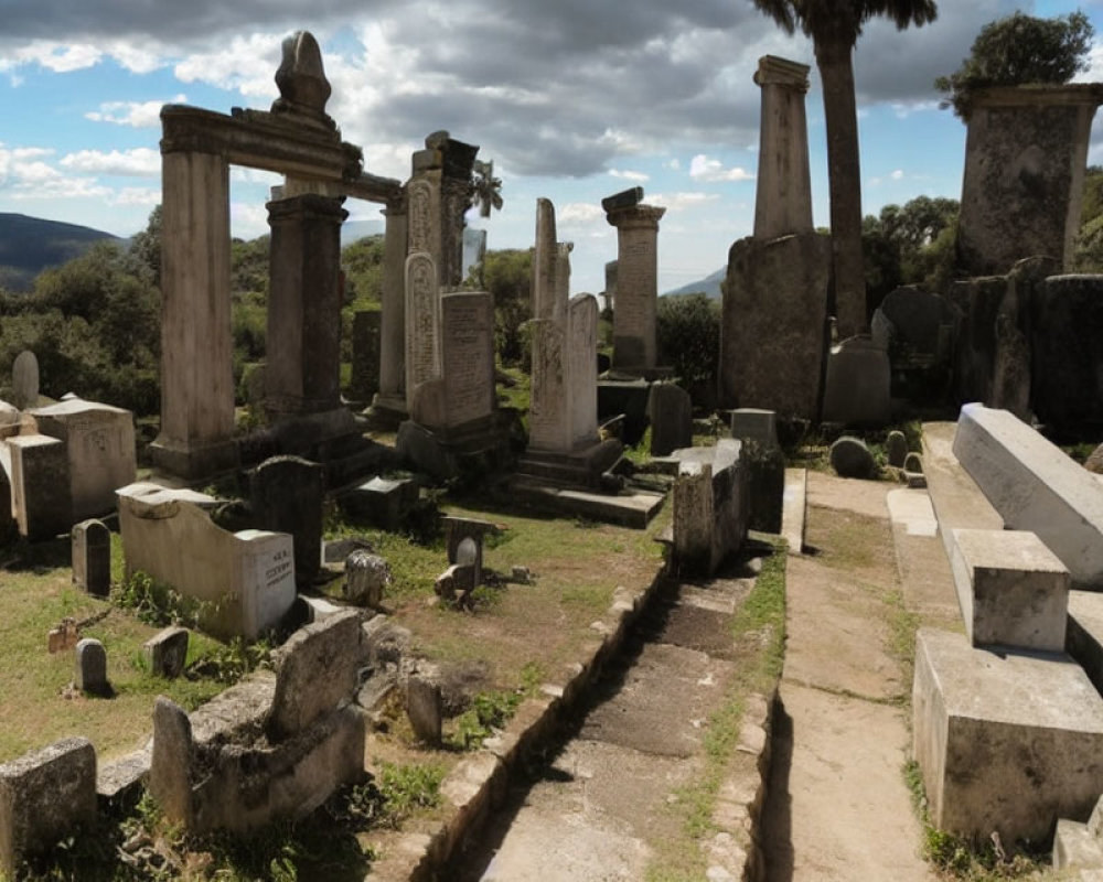 Weathered gravestones in old cemetery under cloudy sky