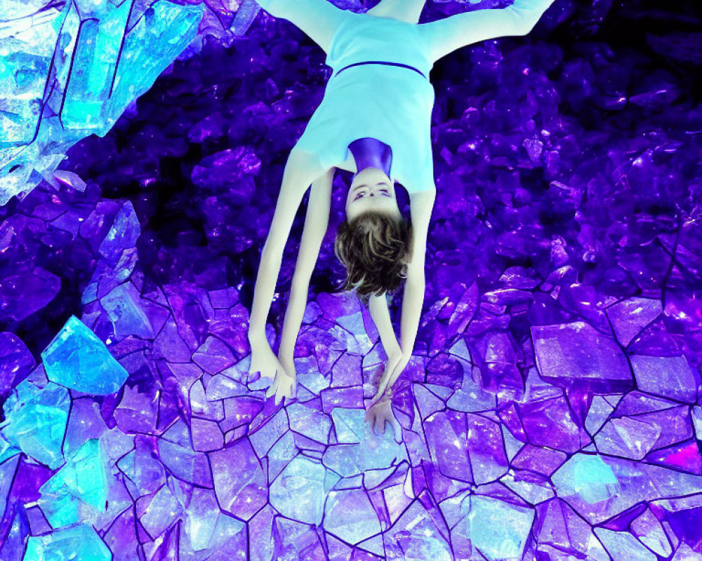 Person surrounded by glowing purple crystals in vivid violet light