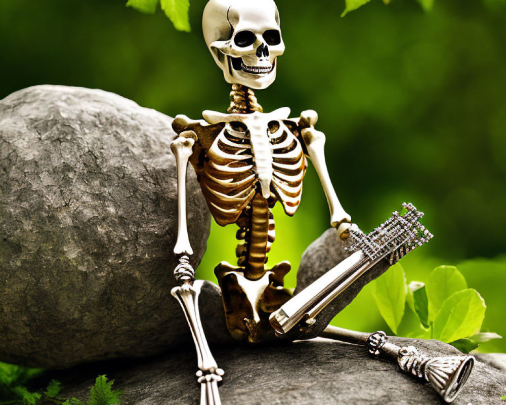 Skeleton model with guitar against rock in greenery