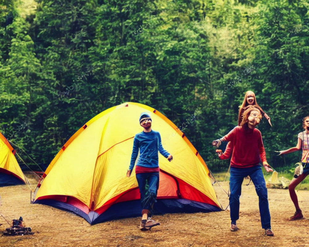 Group of People Enjoying Playful Time at Campsite in Woods