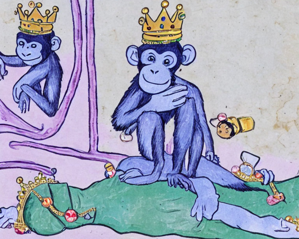 Monkeys Dressed as Royalty Surrounded by Crowns and Jewels