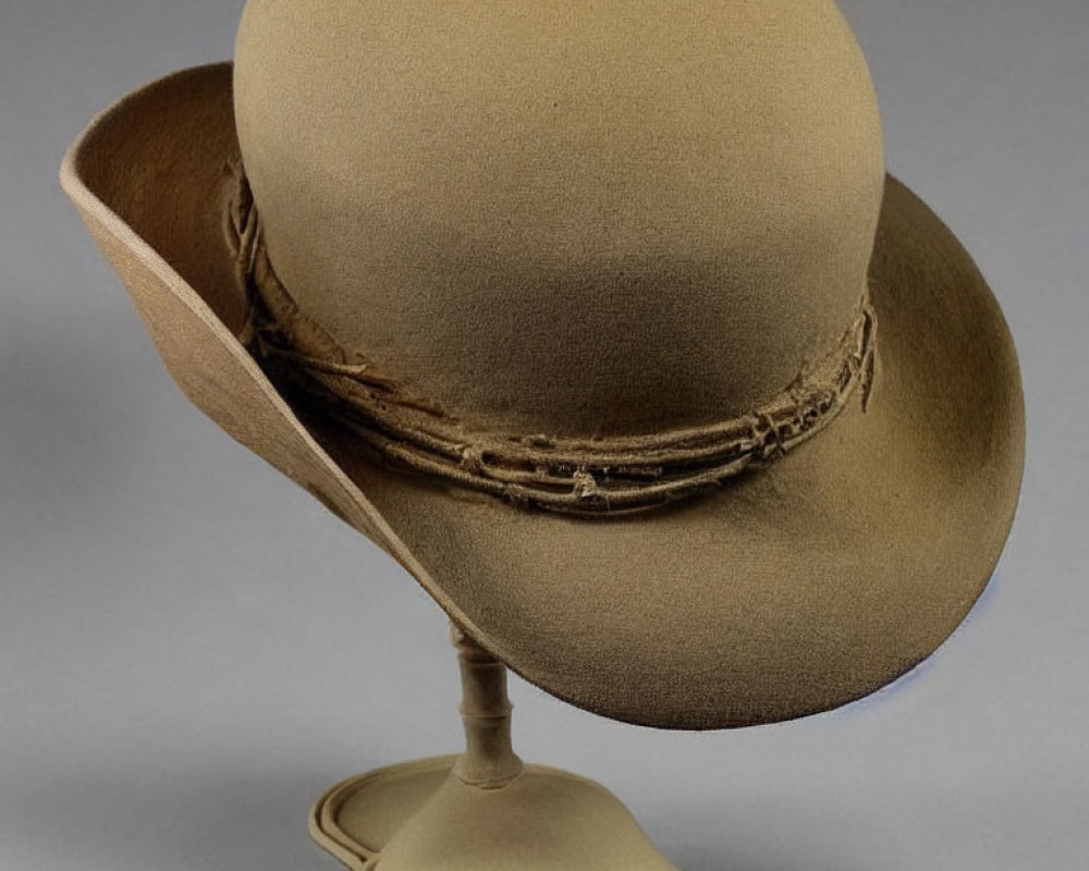 Wide-Brimmed Fedora Hat with Ribbon Band on Stand against Neutral Background