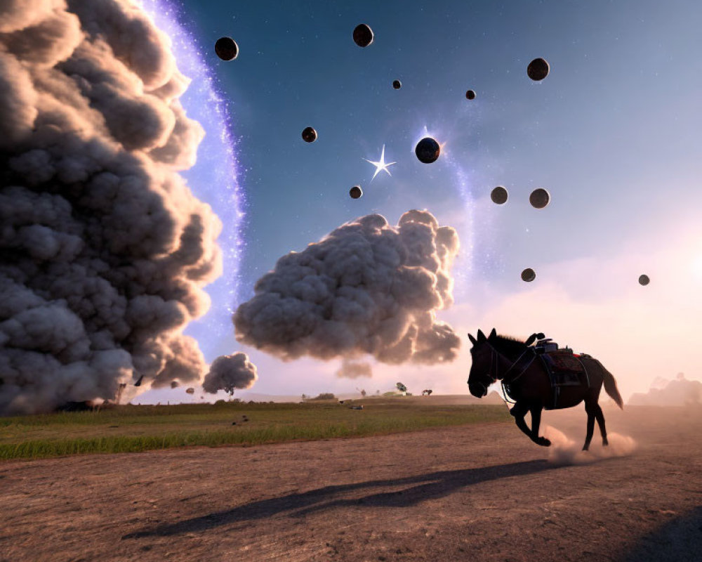 Lone horse galloping on road with multiple moons and smoke under starry night