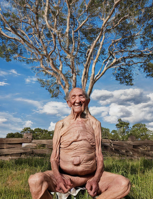 Elderly man sitting outdoors under tree with blue sky