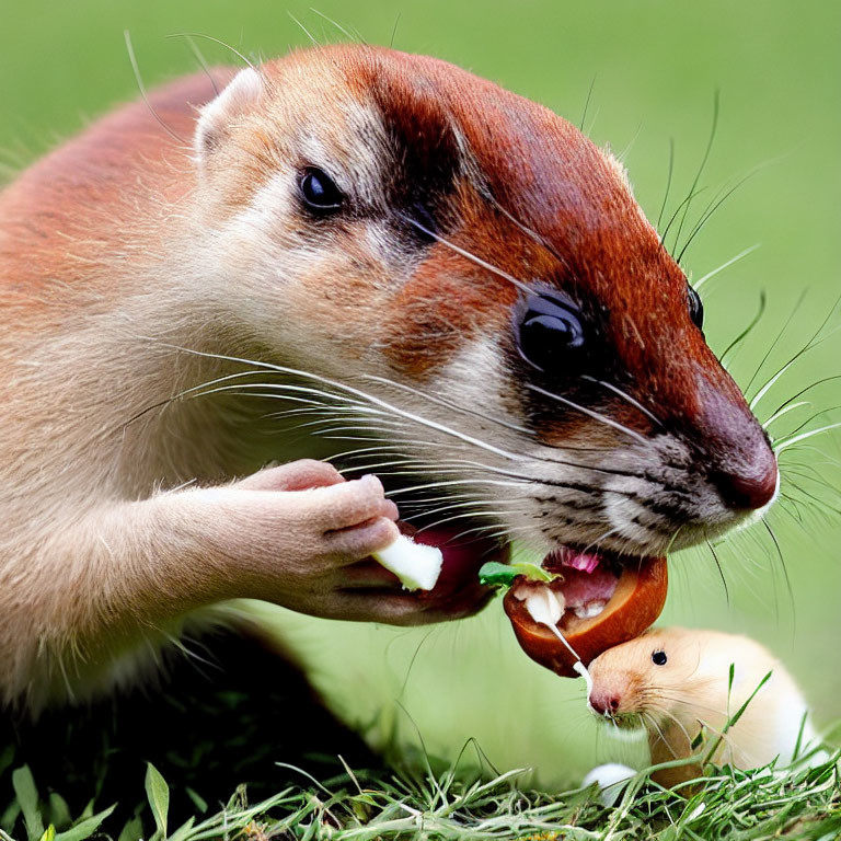 Giant weasel-like creature and tiny version sharing an apple on grassy field