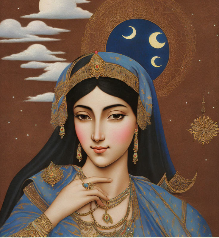 Illustrated woman in traditional attire with blue veil and celestial background