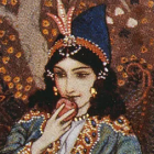 Illustrated woman in traditional attire with blue veil and celestial background