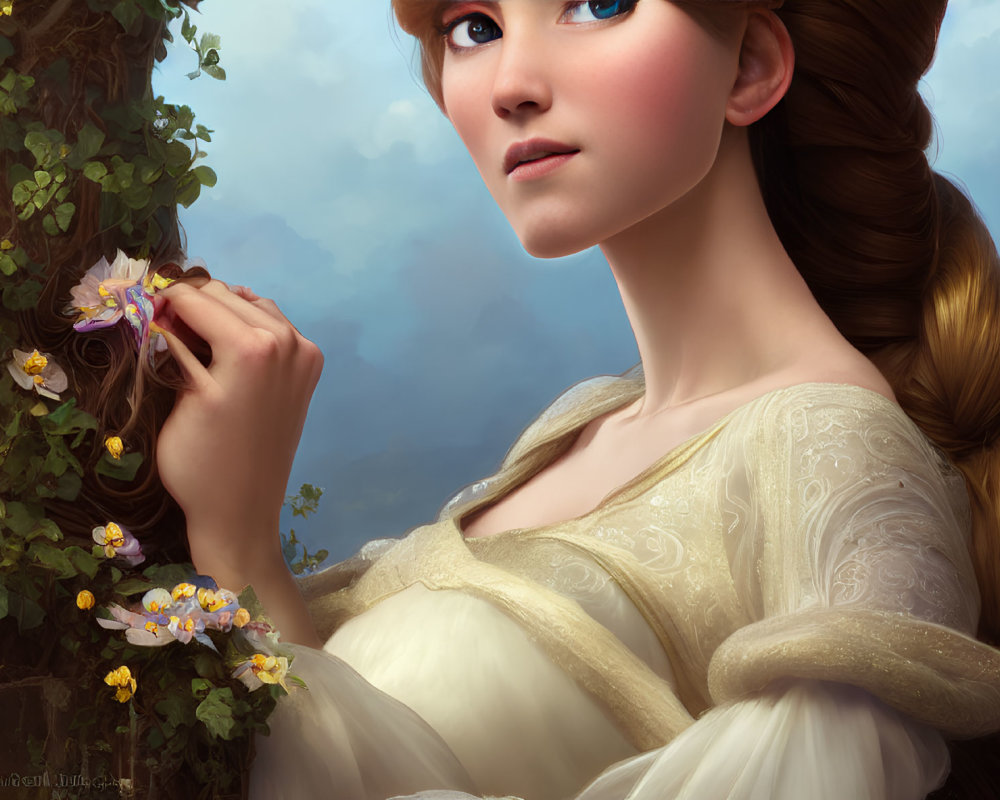 Woman with Braided Hair and Blue Eyes in Cream Gown Holding Flowers
