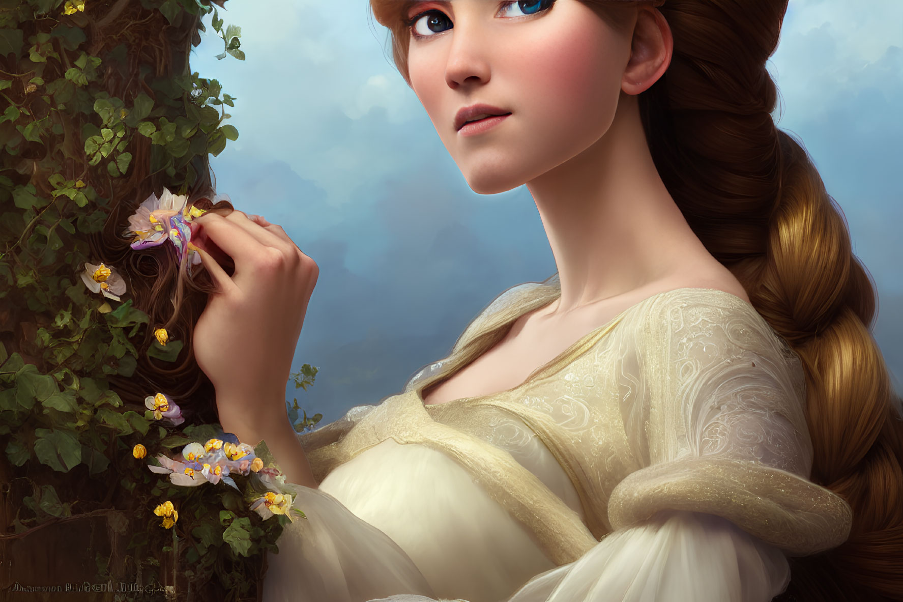 Woman with Braided Hair and Blue Eyes in Cream Gown Holding Flowers
