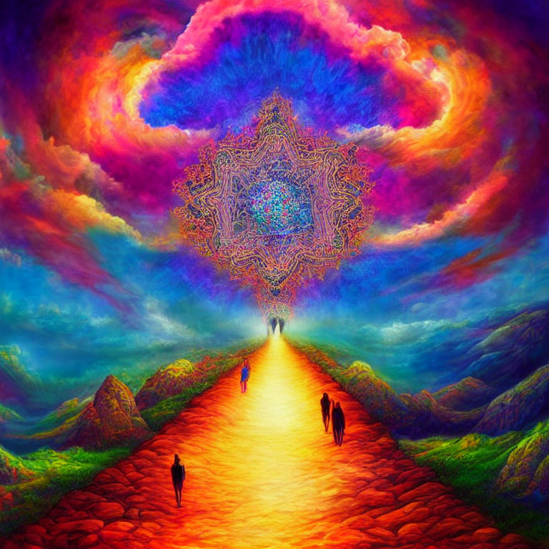 Colorful Psychedelic Landscape with Fiery Path and Mandala Under Swirling Sky