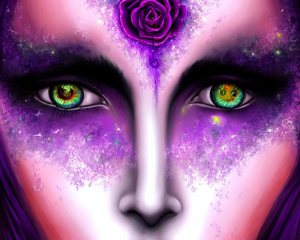 Digital Painting: Woman's Face with Galaxy Makeup and Rose Forehead