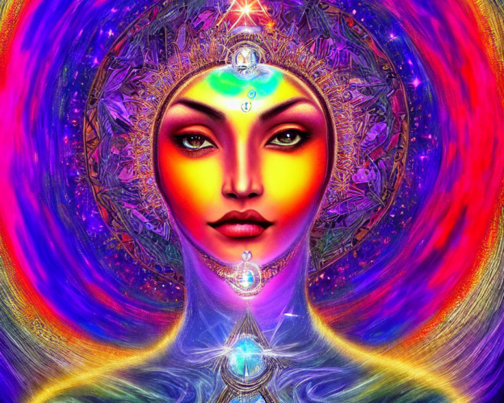 Colorful digital artwork of mystical female figure with cosmic symbols