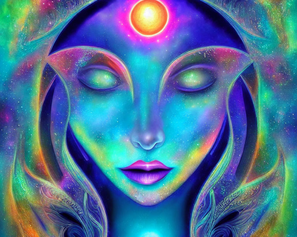 Symmetrical cosmic entity with third eye in digital art