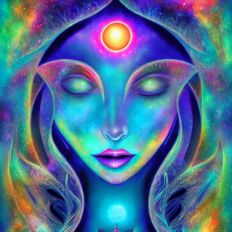 Symmetrical cosmic entity with third eye in digital art