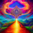 Colorful Psychedelic Landscape with Fiery Path and Mandala Under Swirling Sky