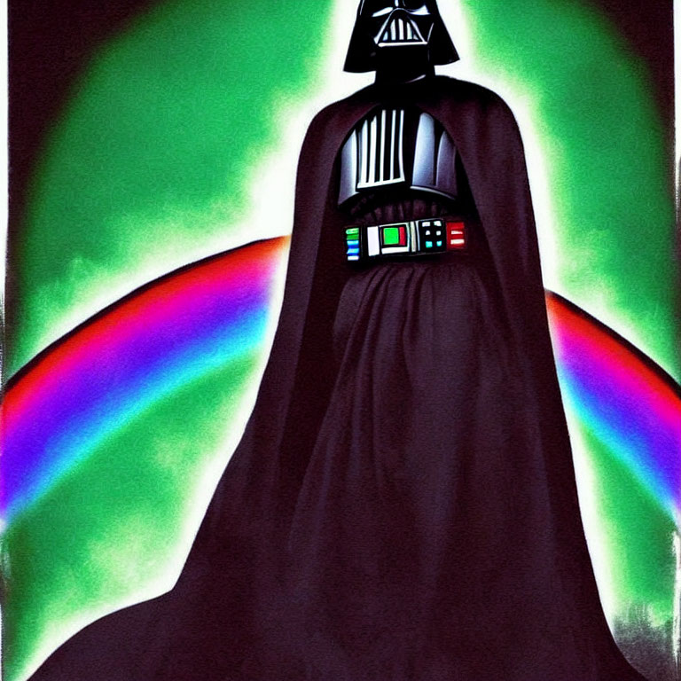 Stylized Darth Vader illustration with colorful neon aura.