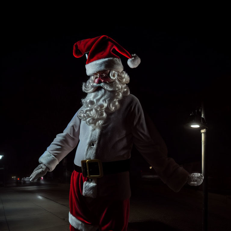 Santa Claus Figure Standing Under Night Streetlight in Mysterious Pose