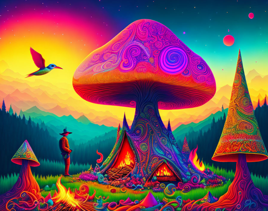 Colorful psychedelic landscape with mushrooms, hummingbird, figure, and sunset sky