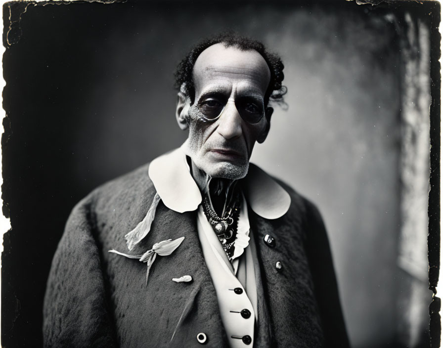 Monochrome portrait of a melancholic man with eye patch, flower boutonniere, and cr