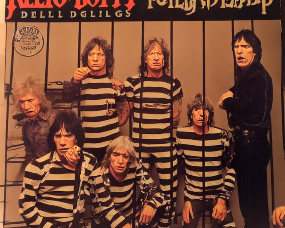 Digitally altered image with multiple men in prisoner outfits and one in black jacket on music album backdrop