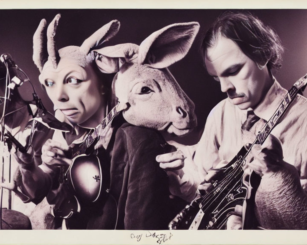 Surreal photograph featuring individuals in animal masks playing guitar