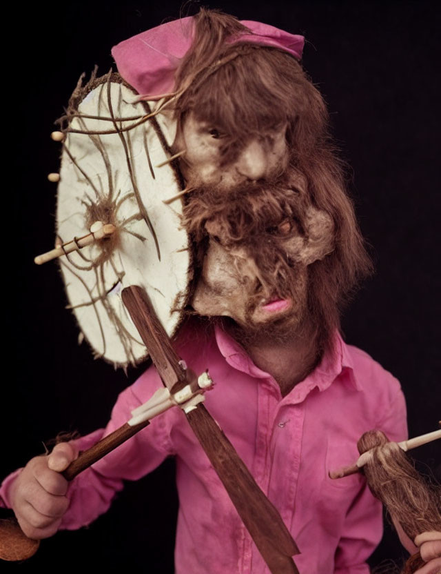 Hairy mask person with drumsticks in pink shirt on black background