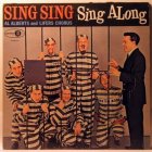 Digitally altered image with multiple men in prisoner outfits and one in black jacket on music album backdrop